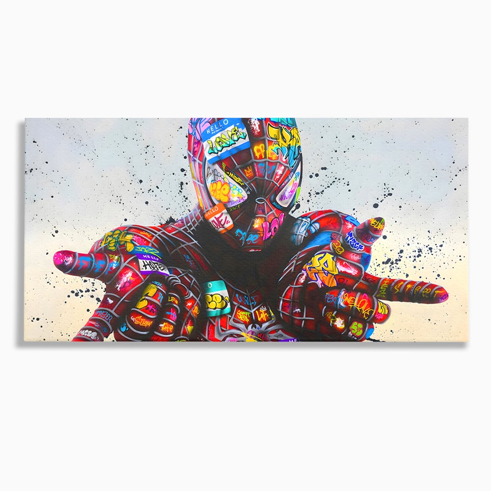 Tablou canvas cu tablou canvas cu omul paianjen in stil grafitti, fara rama, pe sasiu de lemn